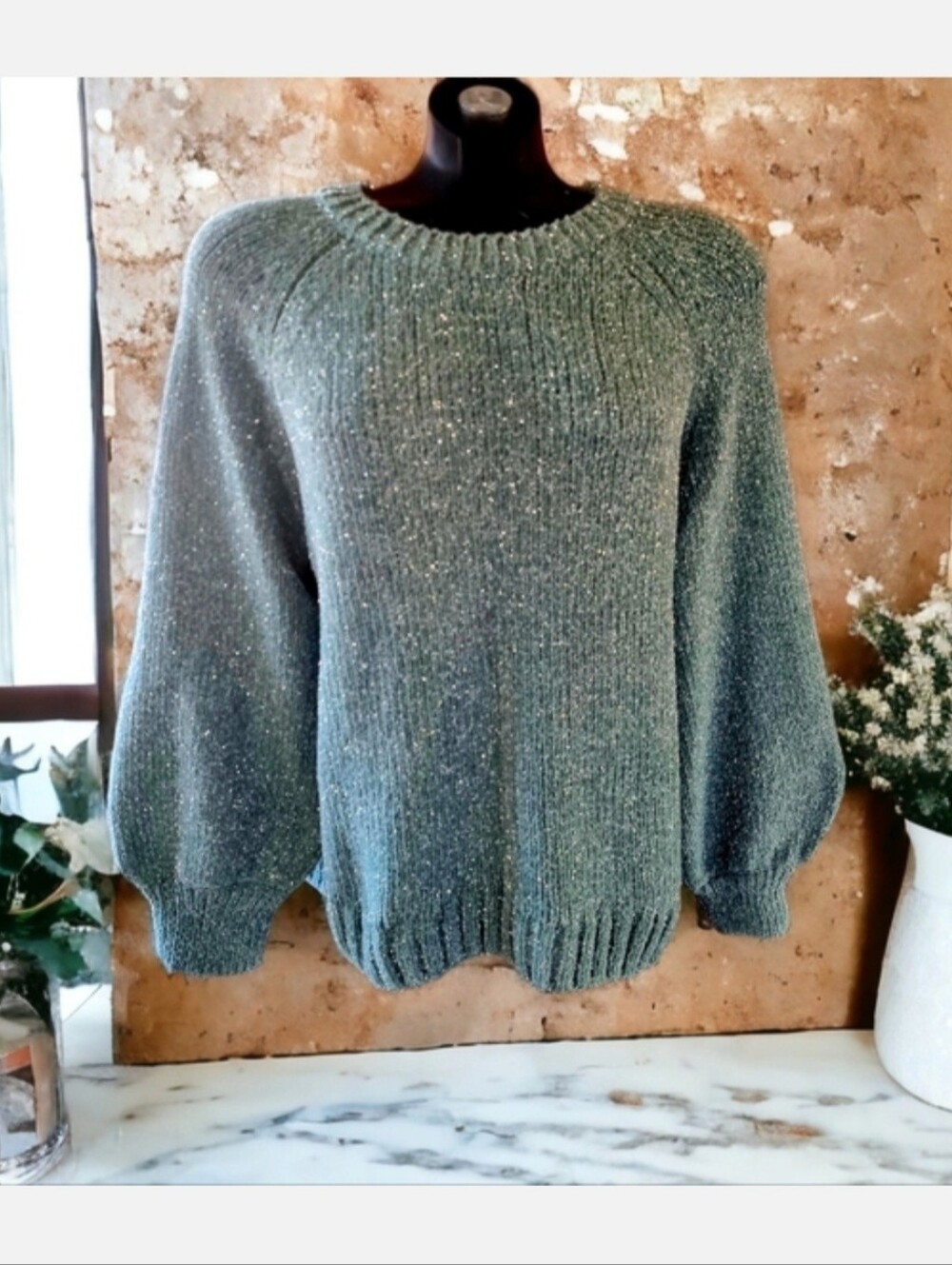 Cozy Sage Green Chunky Knit Balloon-Sleeve Sparkly Sweater Size L
